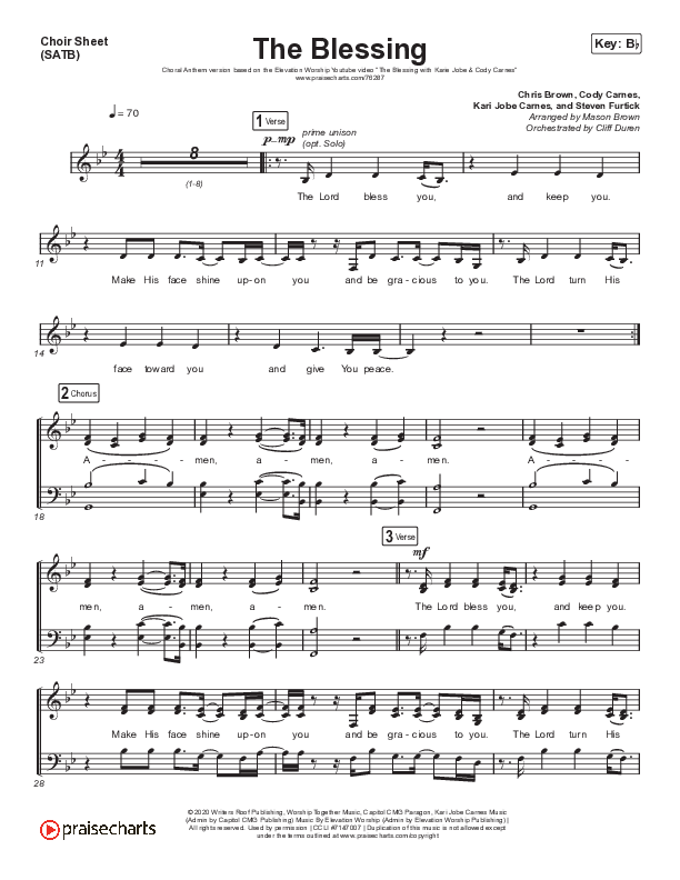 The Blessing (Choral Anthem SATB) Choir Vocals (SATB) (Elevation Worship / Cody Carnes / Kari Jobe / Arr. Cliff Duren / Mason Brown)