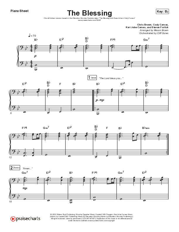 The Blessing (Choral Anthem SATB) Piano Sheet (Elevation Worship / Cody Carnes / Kari Jobe / Arr. Cliff Duren / Mason Brown)