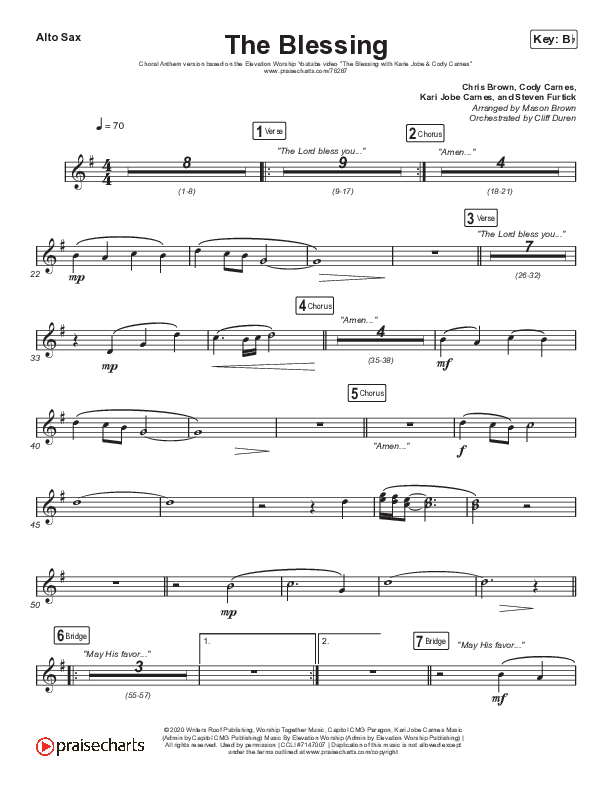The Blessing (Choral Anthem SATB) Alto Sax (Elevation Worship / Cody Carnes / Kari Jobe / Arr. Cliff Duren / Mason Brown)