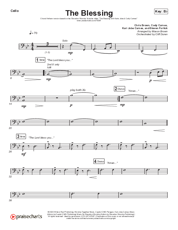 The Blessing (Choral Anthem SATB) Cello (Elevation Worship / Cody Carnes / Kari Jobe / Arr. Cliff Duren / Mason Brown)