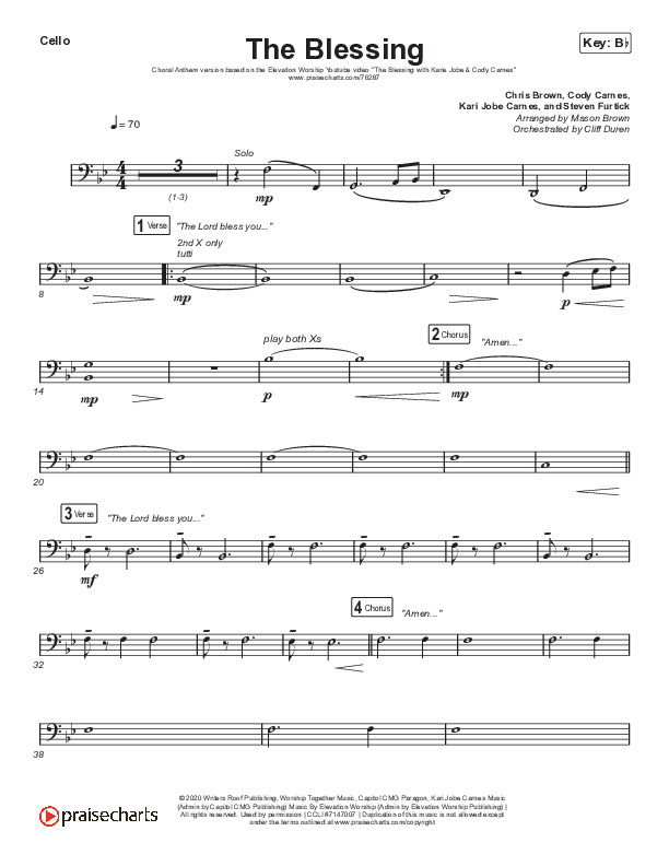 The Blessing (Choral Anthem SATB) Cello (Elevation Worship / Cody Carnes / Kari Jobe / Arr. Cliff Duren / Mason Brown)