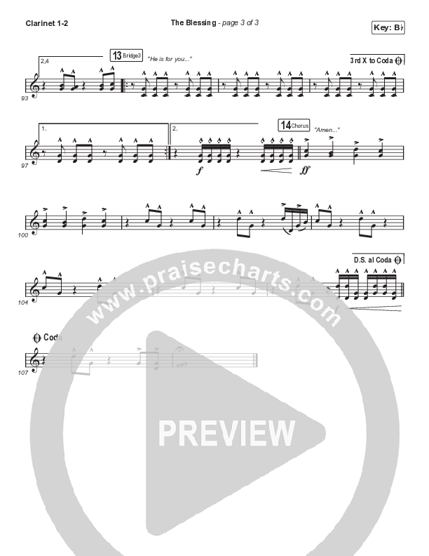 The Blessing (Choral Anthem SATB) Clarinet 1/2 (Elevation Worship / Cody Carnes / Kari Jobe / Arr. Cliff Duren / Mason Brown)