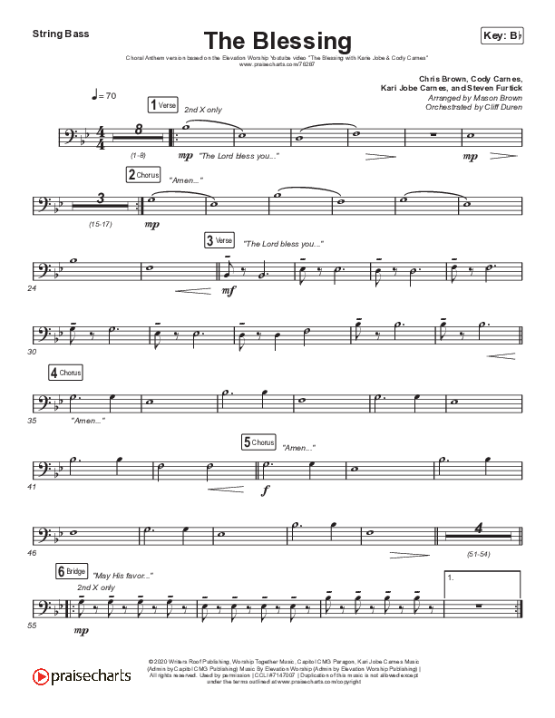 The Blessing (Choral Anthem SATB) Double Bass (Elevation Worship / Cody Carnes / Kari Jobe / Arr. Cliff Duren / Mason Brown)