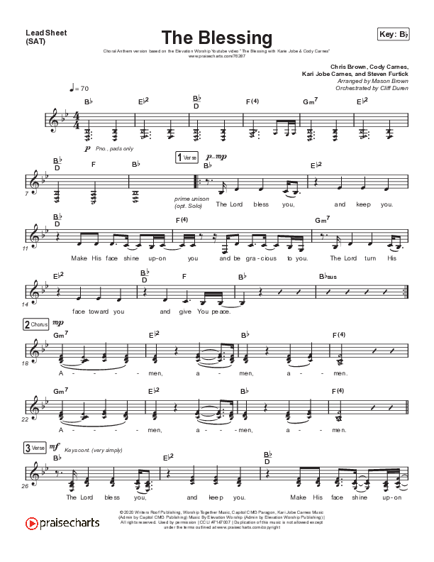 The Blessing (Choral Anthem SATB) Lead Sheet (SAT) (Elevation Worship / Cody Carnes / Kari Jobe / Arr. Cliff Duren / Mason Brown)