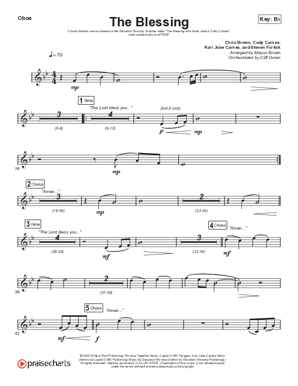 The Blessing (Choral Anthem SATB) Oboe (Elevation Worship / Cody Carnes / Kari Jobe / Arr. Cliff Duren / Mason Brown)