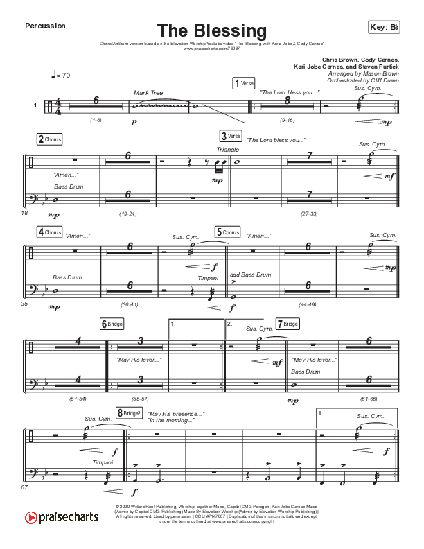 The Blessing (Choral Anthem SATB) Percussion (Elevation Worship / Cody Carnes / Kari Jobe / Arr. Cliff Duren / Mason Brown)