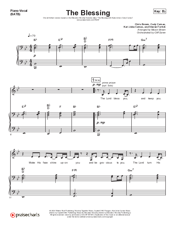 The Blessing (Choral Anthem SATB) Piano/Vocal & Lead (Elevation Worship / Cody Carnes / Kari Jobe / Arr. Cliff Duren / Mason Brown)