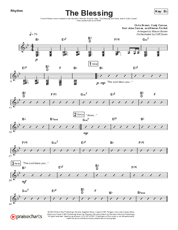 The Blessing (Choral Anthem SATB) Rhythm Chart (Elevation Worship / Cody Carnes / Kari Jobe / Arr. Cliff Duren / Mason Brown)