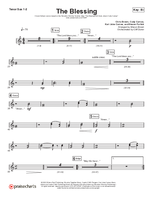 The Blessing (Choral Anthem SATB) Tenor Sax 1/2 (Elevation Worship / Cody Carnes / Kari Jobe / Arr. Cliff Duren / Mason Brown)
