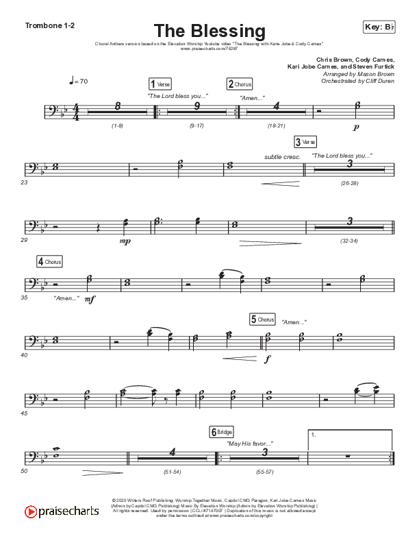 The Blessing (Choral Anthem SATB) Trombone 1/2 (Elevation Worship / Cody Carnes / Kari Jobe / Arr. Cliff Duren / Mason Brown)
