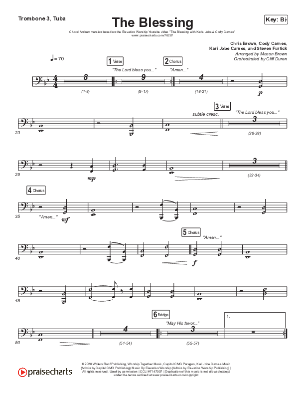 The Blessing (Choral Anthem SATB) Trombone 3/Tuba (Elevation Worship / Cody Carnes / Kari Jobe / Arr. Cliff Duren / Mason Brown)