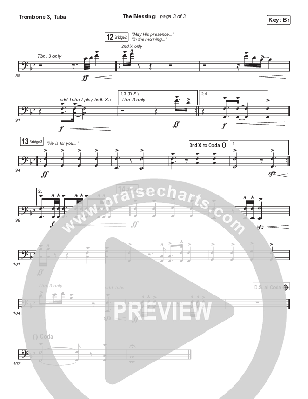 The Blessing (Choral Anthem SATB) Trombone 3/Tuba (Elevation Worship / Cody Carnes / Kari Jobe / Arr. Cliff Duren / Mason Brown)