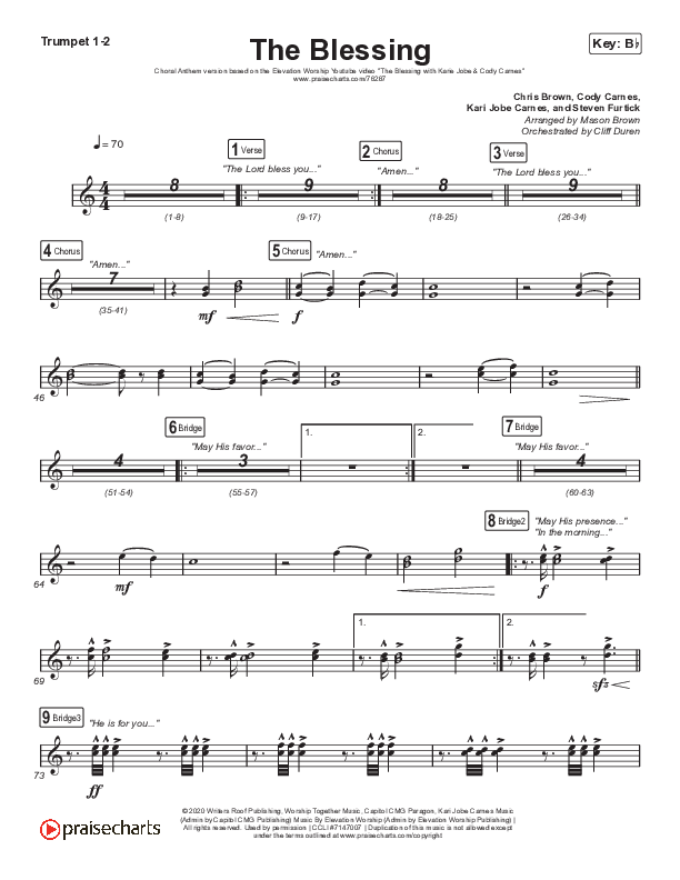 The Blessing (Choral Anthem SATB) Trumpet 1,2 (Elevation Worship / Cody Carnes / Kari Jobe / Arr. Cliff Duren / Mason Brown)