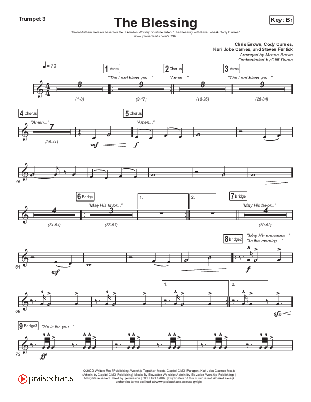 The Blessing (Choral Anthem SATB) Trumpet 3 (Elevation Worship / Cody Carnes / Kari Jobe / Arr. Cliff Duren / Mason Brown)