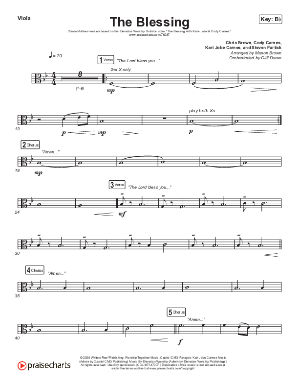 The Blessing (Choral Anthem SATB) Viola (Elevation Worship / Cody Carnes / Kari Jobe / Arr. Cliff Duren / Mason Brown)