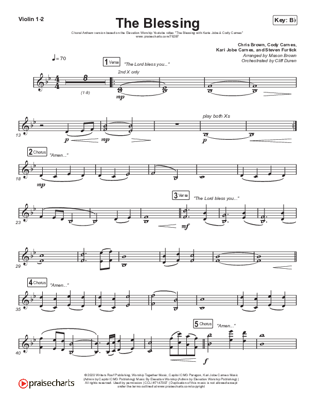 The Blessing (Choral Anthem SATB) Violin 1/2 (Elevation Worship / Cody Carnes / Kari Jobe / Arr. Cliff Duren / Mason Brown)