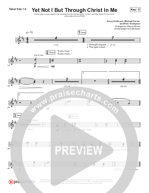 Yet Not I But Through Christ In Me (Choral Anthem SATB) Tenor Sax 1/2 (CityAlight / Arr. Cliff Duren / Mason Brown)
