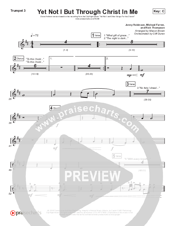 Yet Not I But Through Christ In Me (Choral Anthem SATB) Trumpet 3 (CityAlight / Arr. Cliff Duren / Mason Brown)