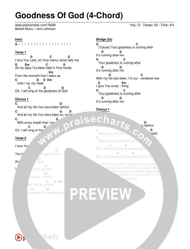 Goodness Of God (4-Chord) Chord Chart (Bethel Music / Jenn Johnson)