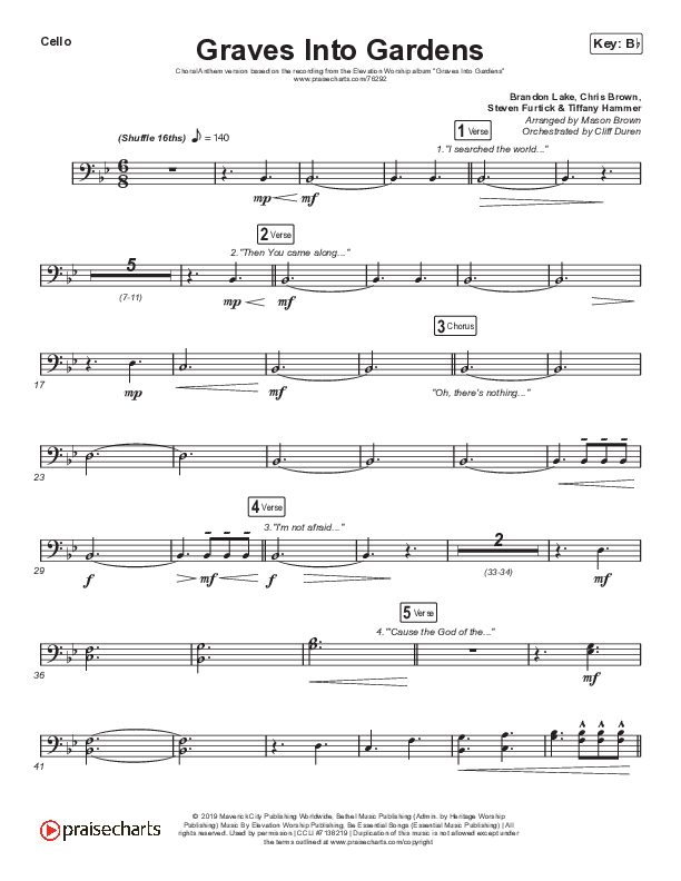 Graves Into Gardens (Choral Anthem SATB) Cello (Elevation Worship / Brandon Lake / Arr. Cliff Duren / Mason Brown)