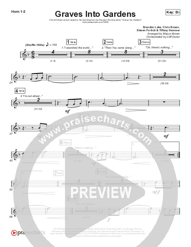 Graves Into Gardens (Choral Anthem SATB) French Horn 1/2 (Elevation Worship / Brandon Lake / Arr. Cliff Duren / Mason Brown)