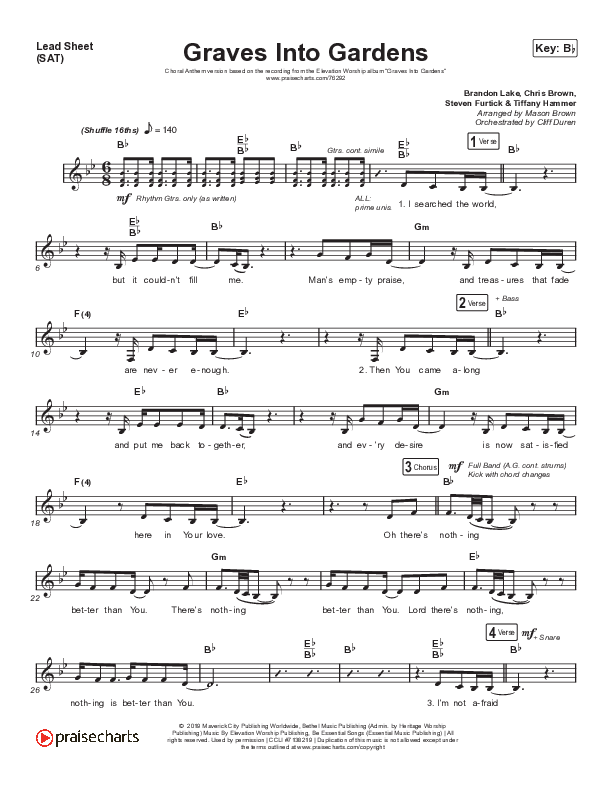 Graves Into Gardens (Choral Anthem SATB) Lead Sheet (SAT) (Elevation Worship / Brandon Lake / Arr. Cliff Duren / Mason Brown)