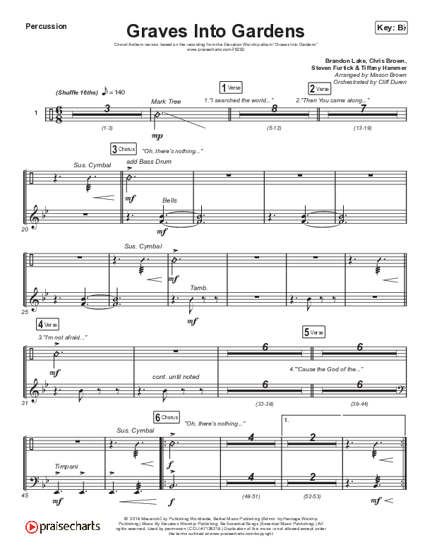 Graves Into Gardens (Choral Anthem SATB) Percussion (Elevation Worship / Brandon Lake / Arr. Cliff Duren / Mason Brown)