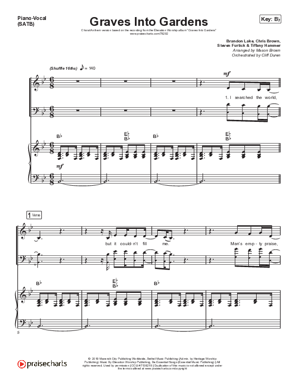Graves Into Gardens (Choral Anthem SATB) Piano/Vocal & Lead (Elevation Worship / Brandon Lake / Arr. Cliff Duren / Mason Brown)