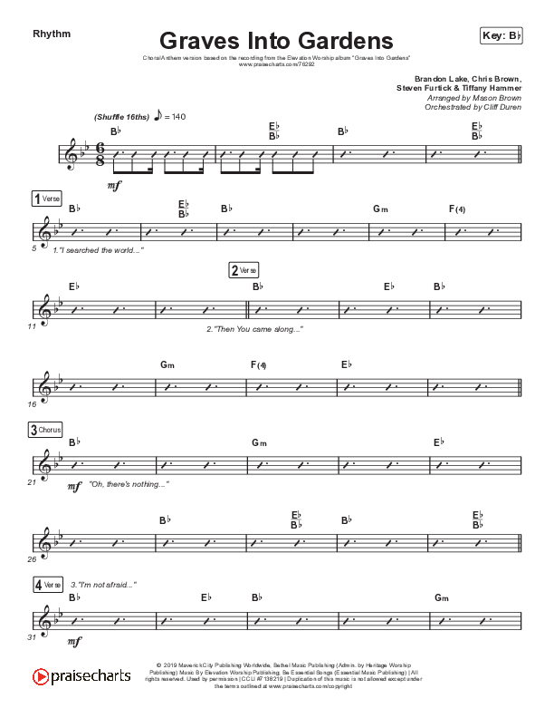 Graves Into Gardens (Choral Anthem SATB) Rhythm Chart (Elevation Worship / Brandon Lake / Arr. Cliff Duren / Mason Brown)