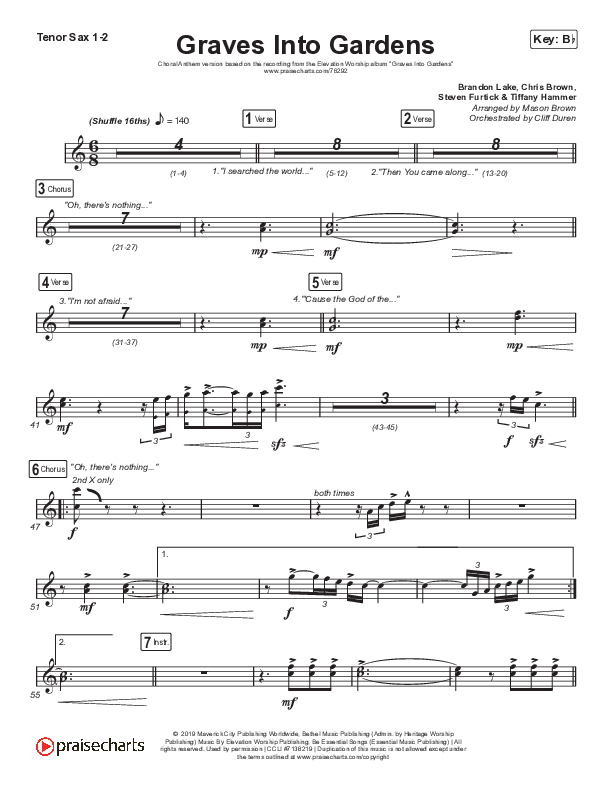 Graves Into Gardens (Choral Anthem SATB) Tenor Sax 1/2 (Elevation Worship / Brandon Lake / Arr. Cliff Duren / Mason Brown)