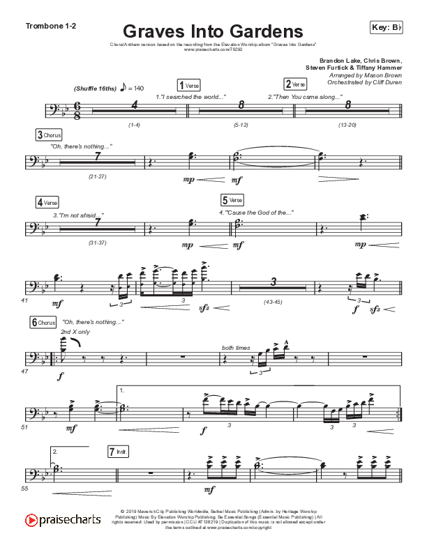 Graves Into Gardens (Choral Anthem SATB) Trombone 1/2 (Elevation Worship / Brandon Lake / Arr. Cliff Duren / Mason Brown)