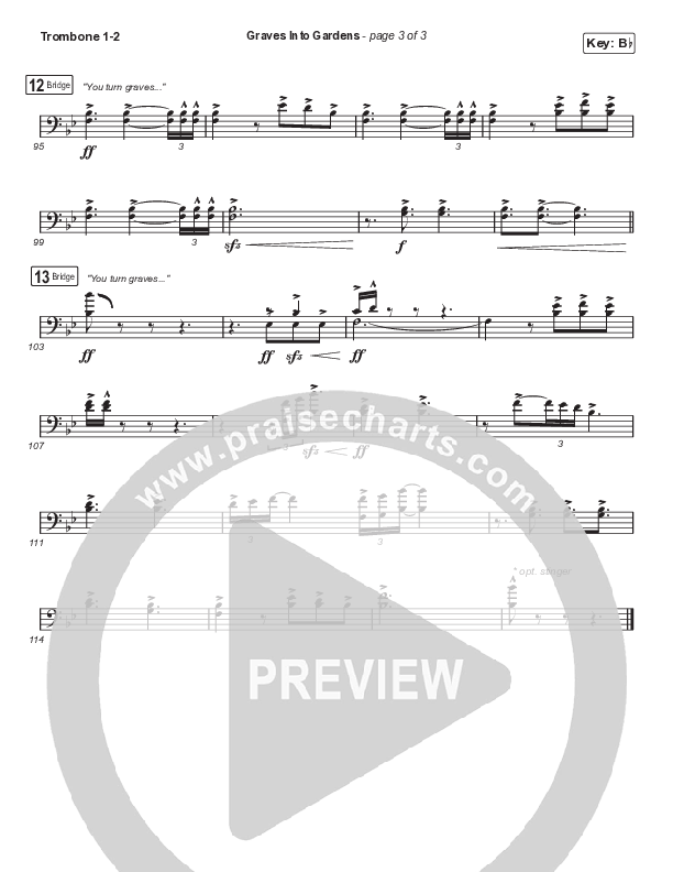 Graves Into Gardens (Choral Anthem SATB) Trombone 1/2 (Elevation Worship / Brandon Lake / Arr. Cliff Duren / Mason Brown)