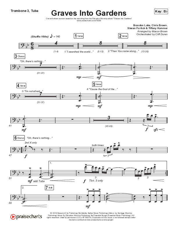 Graves Into Gardens (Choral Anthem SATB) Trombone 3/Tuba (Elevation Worship / Brandon Lake / Arr. Cliff Duren / Mason Brown)