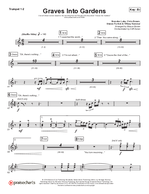Graves Into Gardens (Choral Anthem SATB) Trumpet 1,2 (Elevation Worship / Brandon Lake / Arr. Cliff Duren / Mason Brown)