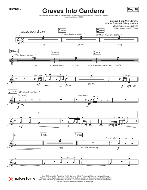 Graves Into Gardens (Choral Anthem SATB) Trumpet 3 (Elevation Worship / Brandon Lake / Arr. Cliff Duren / Mason Brown)