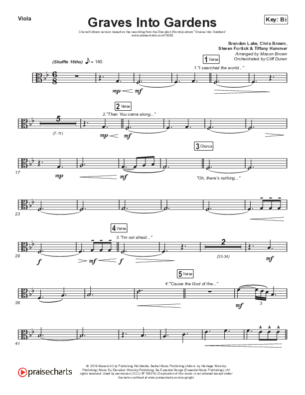 Graves Into Gardens (Choral Anthem SATB) Viola (Elevation Worship / Brandon Lake / Arr. Cliff Duren / Mason Brown)