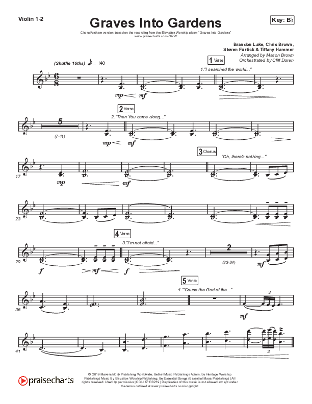 Graves Into Gardens (Choral Anthem SATB) Violin 1/2 (Elevation Worship / Brandon Lake / Arr. Cliff Duren / Mason Brown)