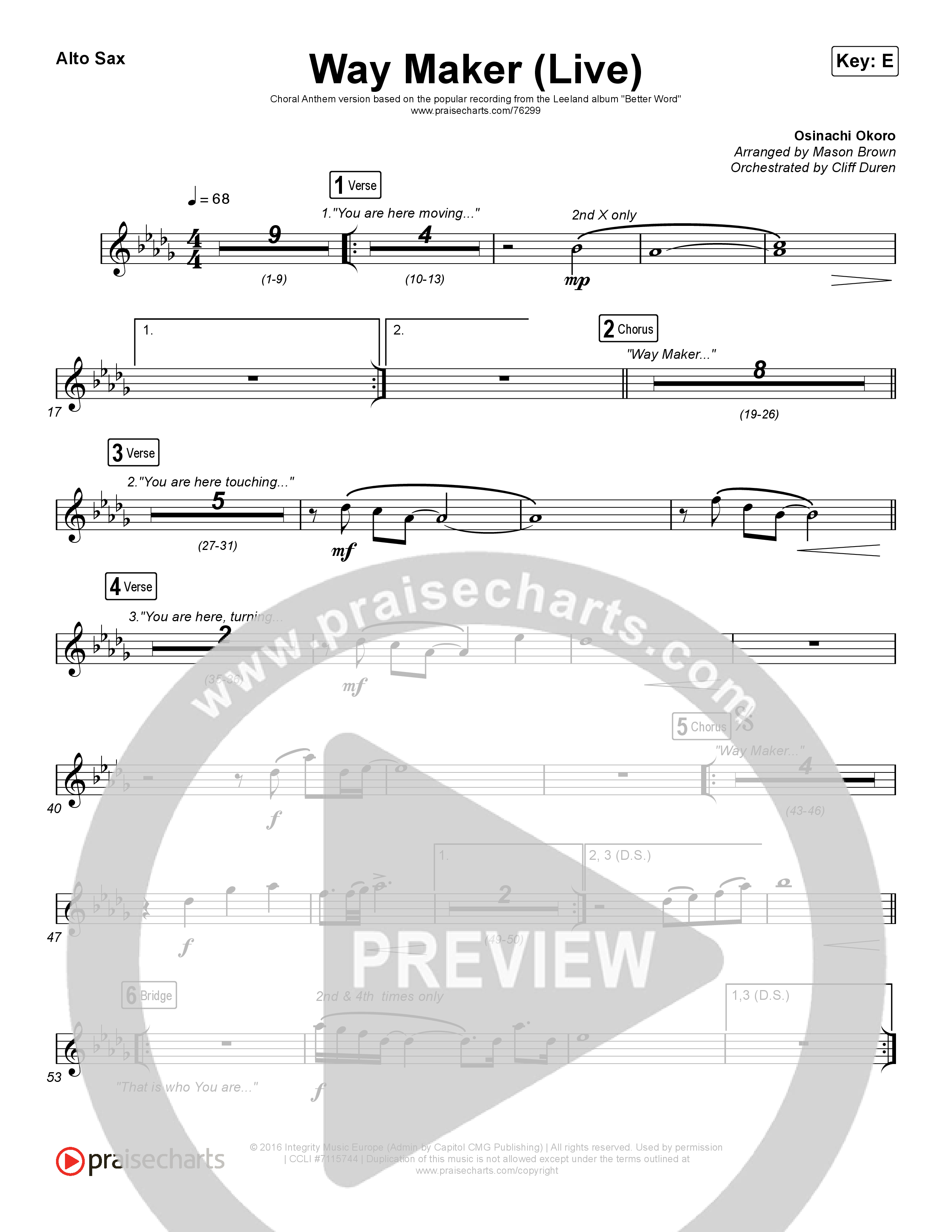 Way Maker (Choral Anthem SATB) Alto Sax (Leeland / Arr. Cliff Duren / Mason Brown)