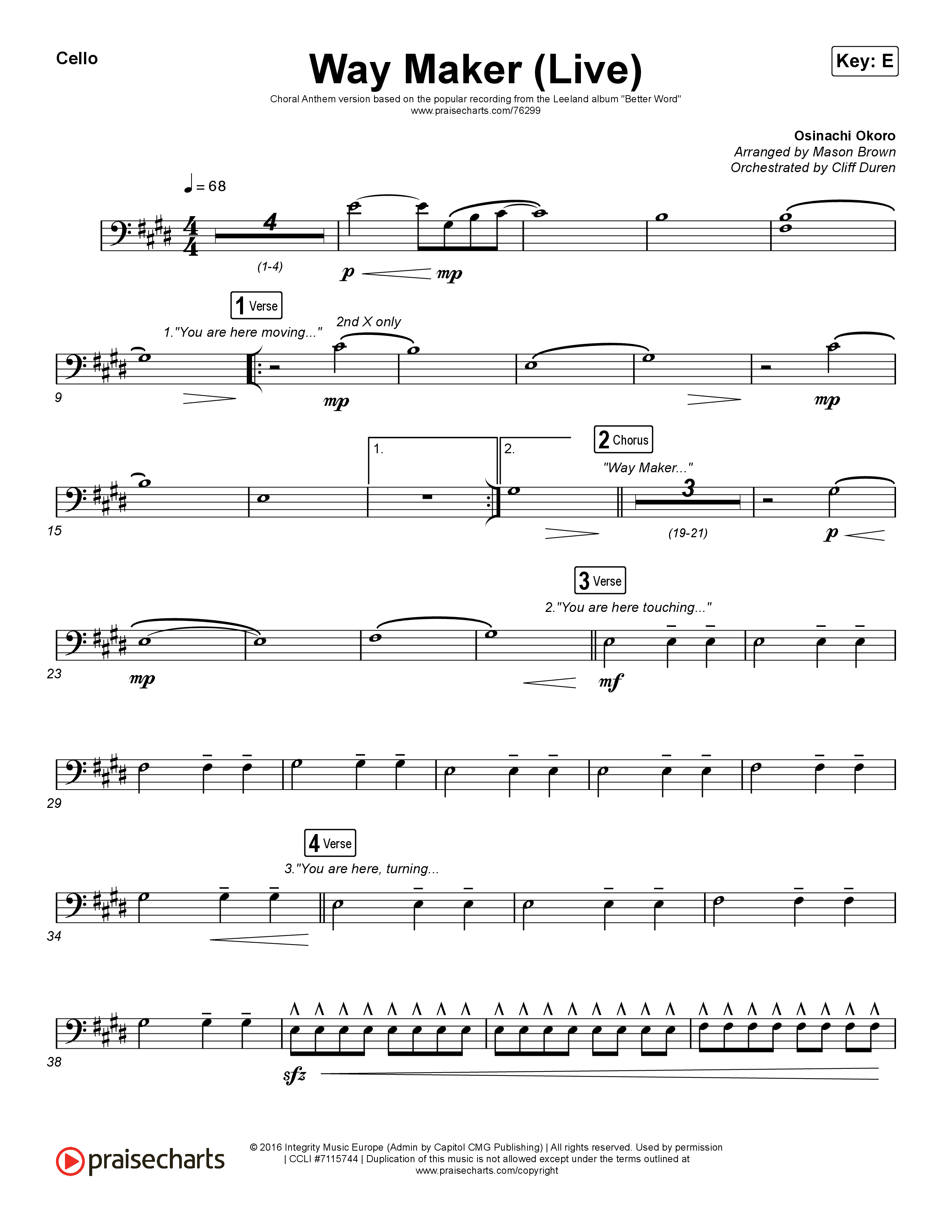 Way Maker (Choral Anthem SATB) Cello (Leeland / Arr. Cliff Duren / Mason Brown)