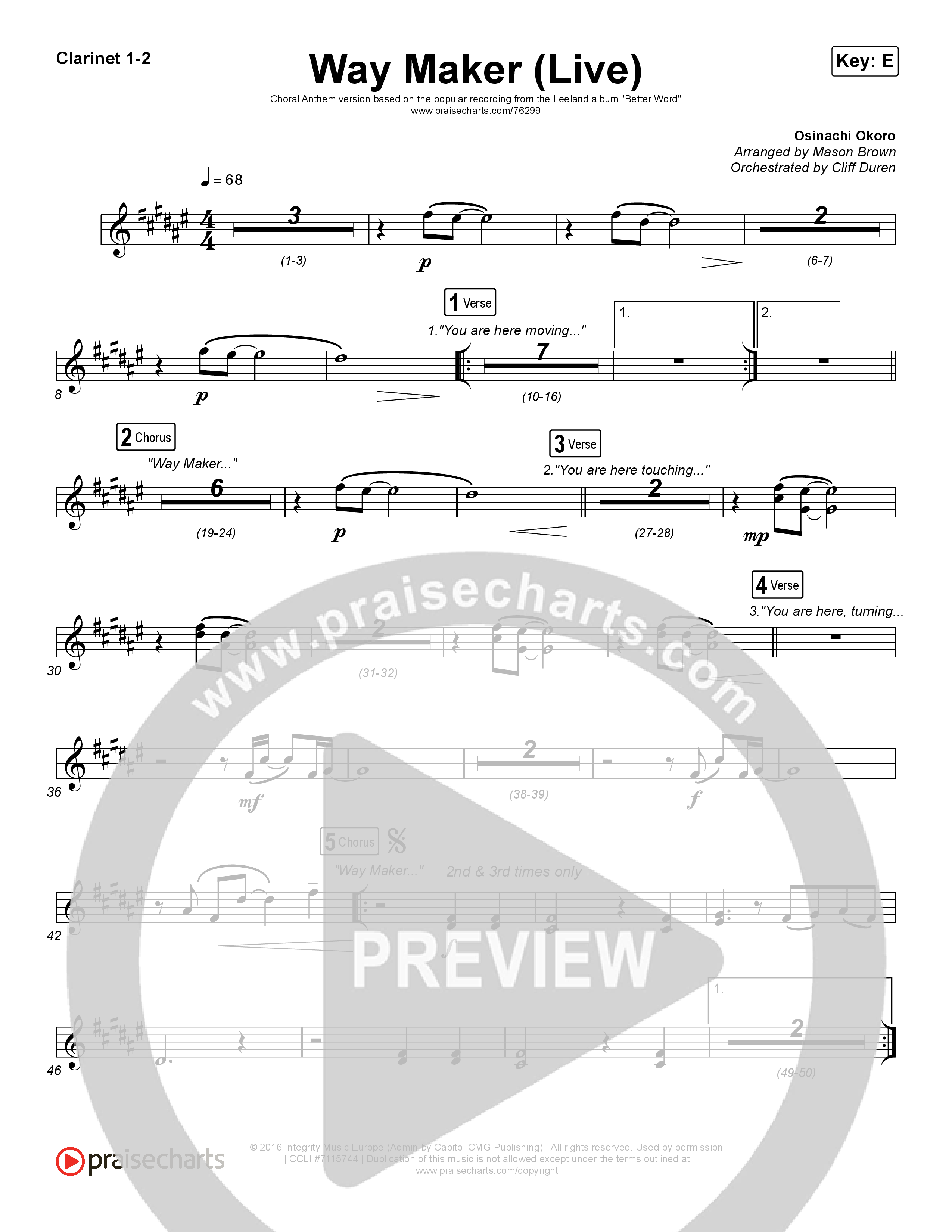 Way Maker (Choral Anthem SATB) Clarinet 1/2 (Leeland / Arr. Cliff Duren / Mason Brown)