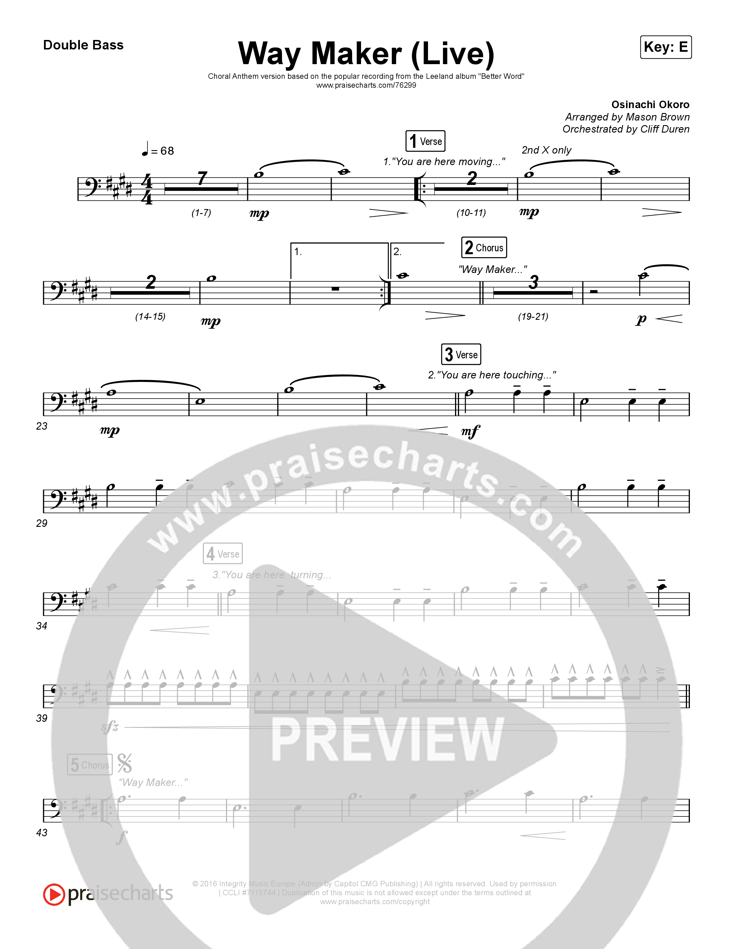 Way Maker (Choral Anthem SATB) Double Bass (Leeland / Arr. Cliff Duren / Mason Brown)