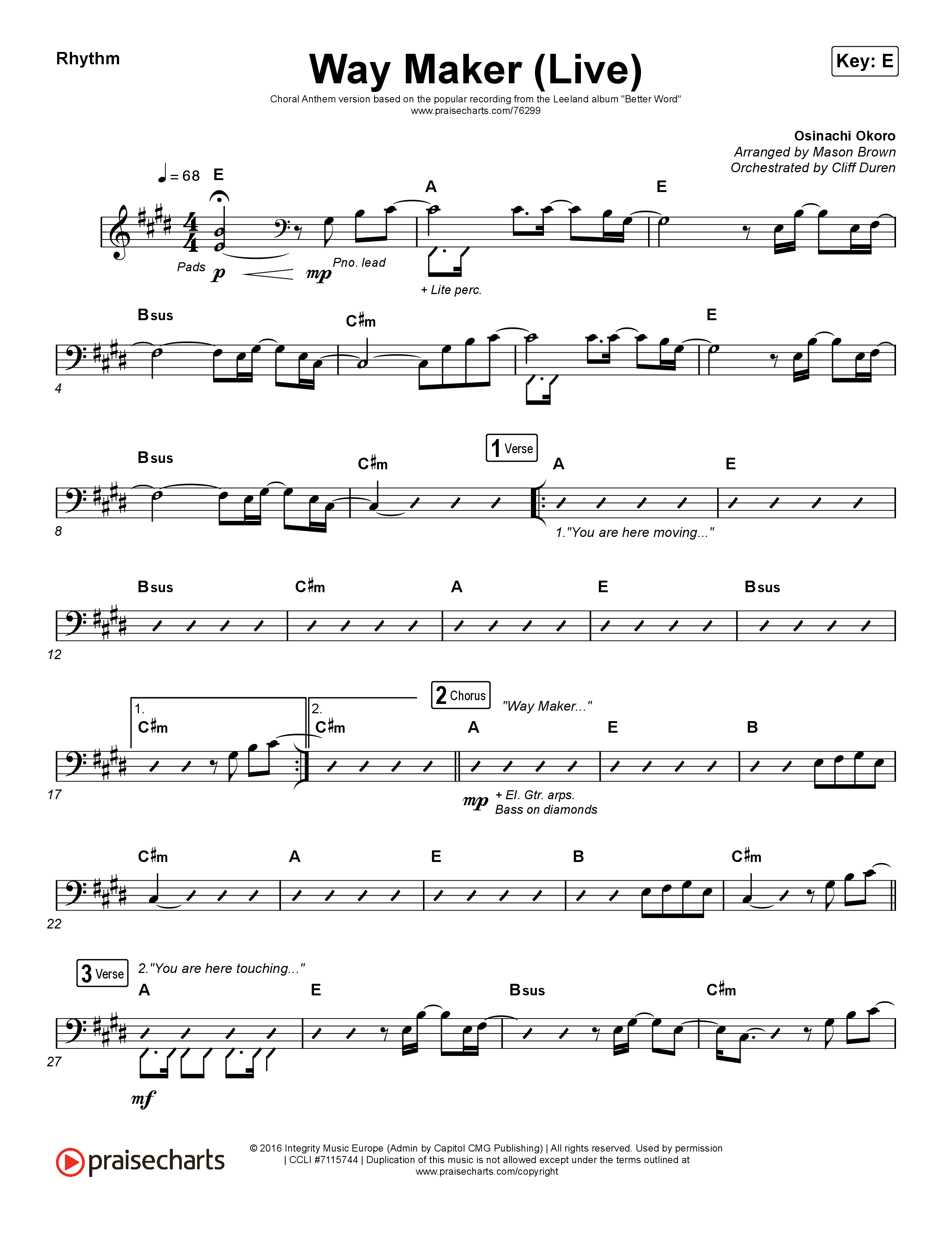 Way Maker (Choral Anthem SATB) Rhythm Chart (Leeland / Arr. Cliff Duren / Mason Brown)