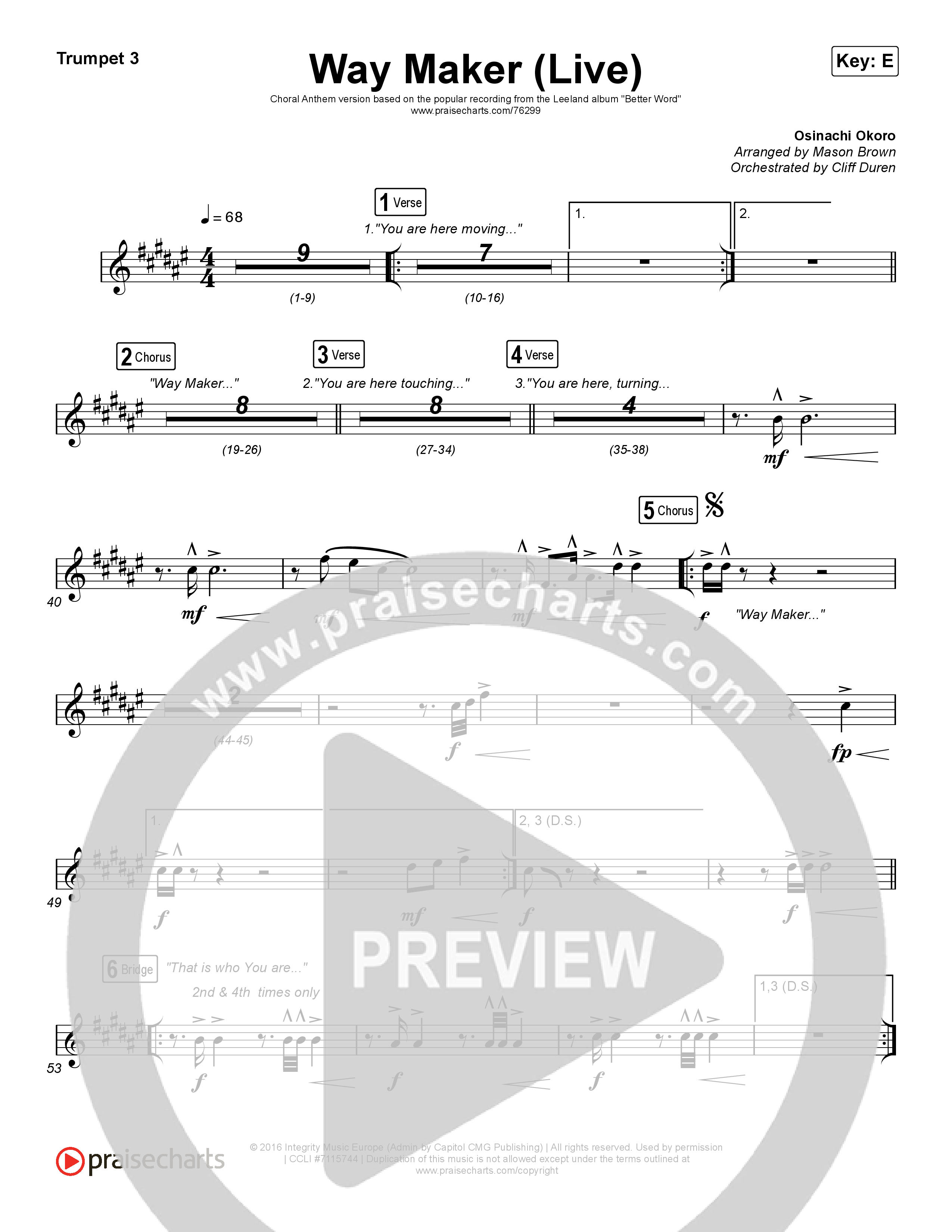 Way Maker (Choral Anthem SATB) Trumpet 3 (Leeland / Arr. Cliff Duren / Mason Brown)