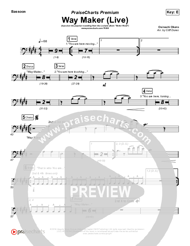 Way Maker (Choral Anthem SATB) Bassoon 1/2 (Leeland / Arr. Cliff Duren / Mason Brown)