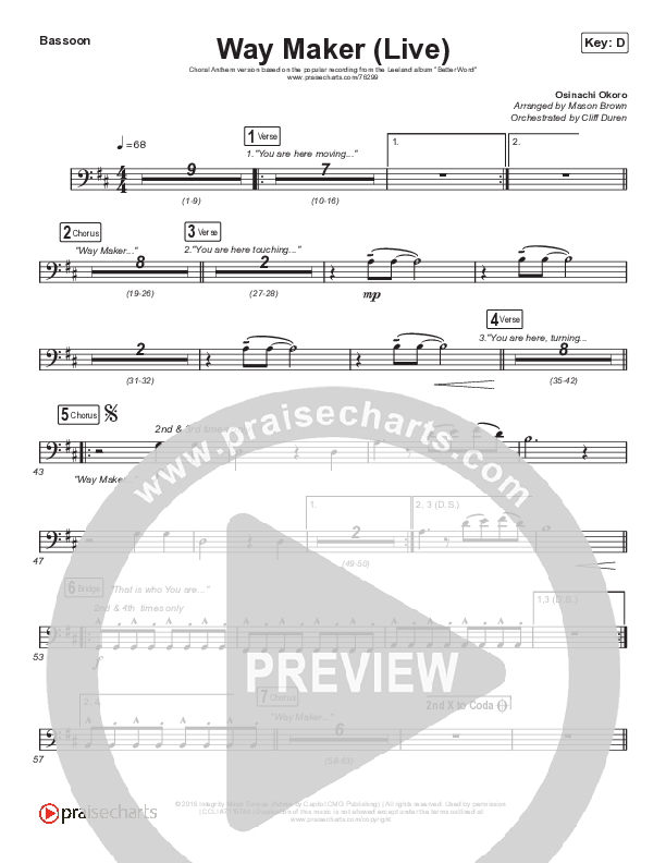 Way Maker (Choral Anthem SATB) Bassoon (Leeland / Arr. Cliff Duren / Mason Brown)