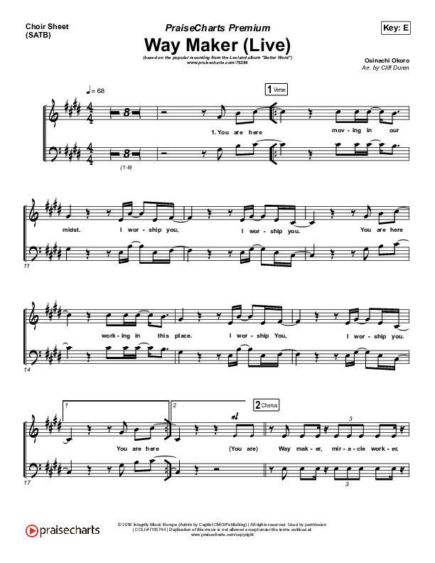 Way Maker (Choral Anthem SATB) Choir Vocals (SATB) (Leeland / Arr. Cliff Duren / Mason Brown)