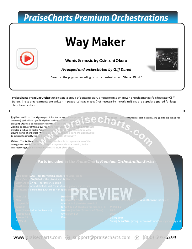 Way Maker (Choral Anthem SATB) Orchestration (with Vocals) (Leeland / Arr. Cliff Duren / Mason Brown)