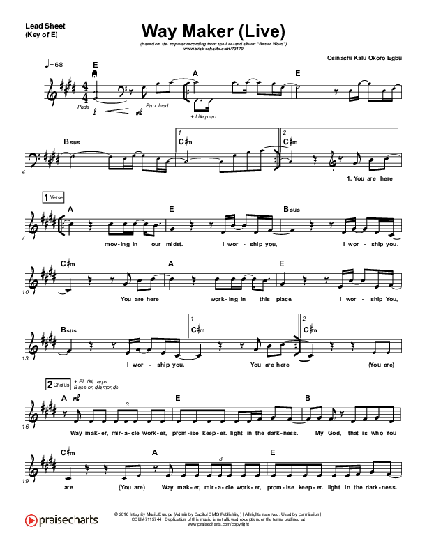 Way Maker (Choral Anthem SATB) Lead Sheet (Melody) (Leeland / Arr. Cliff Duren / Mason Brown)