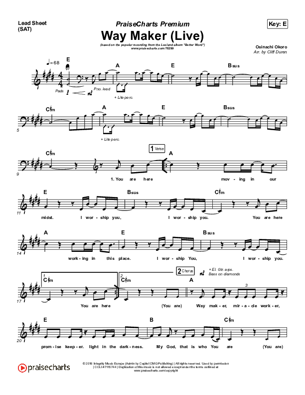 Way Maker (Choral Anthem SATB) Lead Sheet (SAT) (Leeland / Arr. Cliff Duren / Mason Brown)