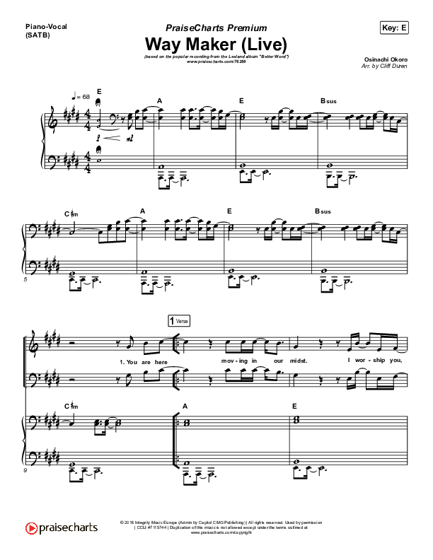 Way Maker (Choral Anthem SATB) Piano/Choir (SATB) (Leeland / Arr. Cliff Duren / Mason Brown)